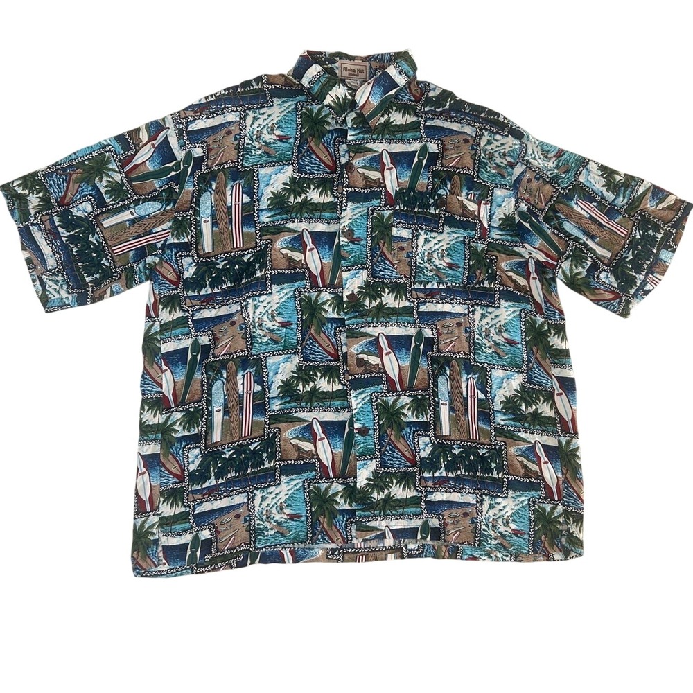 Aloha Hut Hawaii Shirt Mens XL Multicolor Excellence Surfboard Print 21.5x30